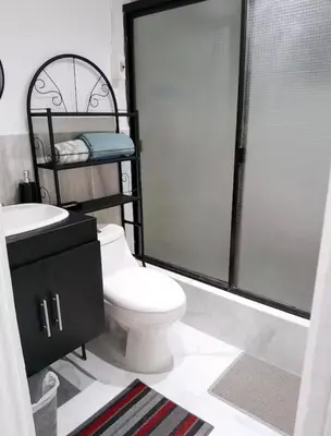 a bathroom with a toilet and a shower and a sink at Flamingo loft in La Puerta de La Laguna