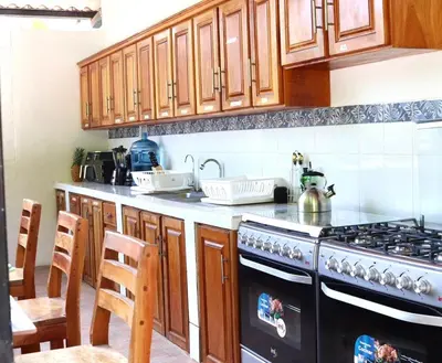 a kitchen with a stove and wooden cabinets at The Salty Dogs in Playa San Blas