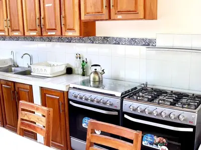 a kitchen with a stove and a sink at The Salty Dogs in Playa San Blas