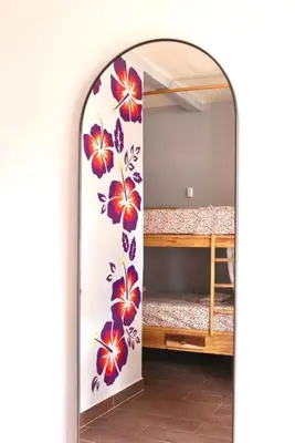 a room with a bunk bed and a mirror at The Salty Dogs in Playa San Blas