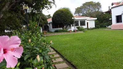 a house with a pink flower in the yard at San Antonio Hotel Boutique in Los Naranjos