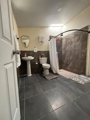 a bathroom with a shower and a toilet and a sink at Quinta Los 3 Tesoros