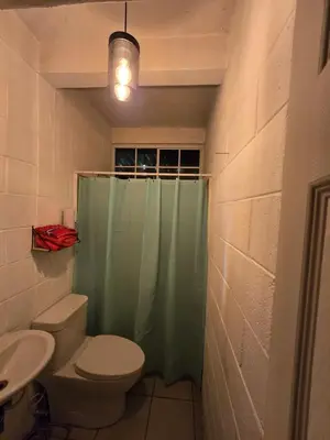 a bathroom with a shower with a toilet and a sink at Apartment with its own 100-inch cinema in Santa Ana