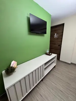 a living room with a tv on a green wall at Casa Bri in Antiguo Cuscatlán