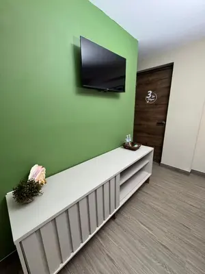 a living room with a tv on a green wall at Casa Bri in Antiguo Cuscatlán
