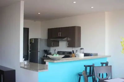 a kitchen with stainless steel appliances and brown cabinets at Enjoy San Salvador in Torre 91 in San Salvador