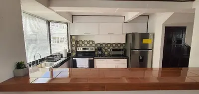 a kitchen with white cabinets and a stainless steel refrigerator at Townhouse San Benito, La Mascota Terra in San Salvador
