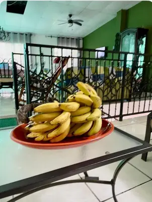 a bunch of bananas on a red plate on a table at Casa Hogar in Ahuachapán