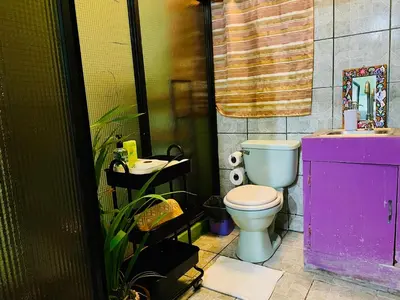 a bathroom with a toilet and a purple cabinet at Habitación privada en villa familiar en La Libertad in Zaragoza