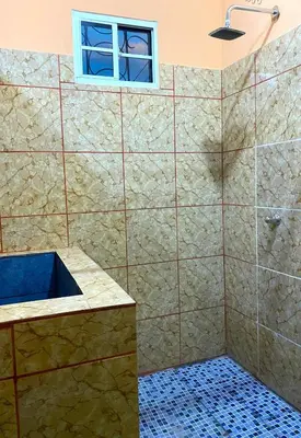 a bathroom with a shower with a blue sink at Casa Acogedora