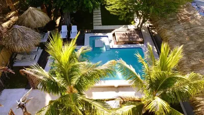 an overhead view of a swimming pool with palm trees at Villa Con Piscina, Playa, Jacuzzi, Kayaks in Conchagua