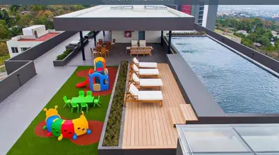 a model of a building with a playground and a swimming pool at Apartment in Colonia Escalón with pool and gym in San Salvador