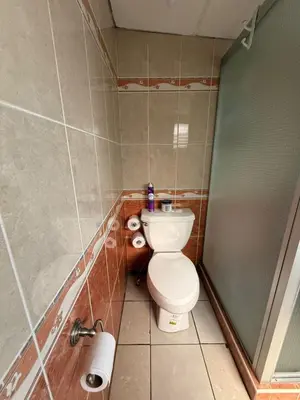 a bathroom with a toilet and a shower stall at El Pibe