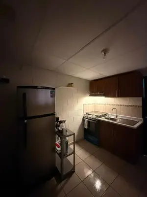 a small kitchen with a refrigerator and a sink at El Pibe