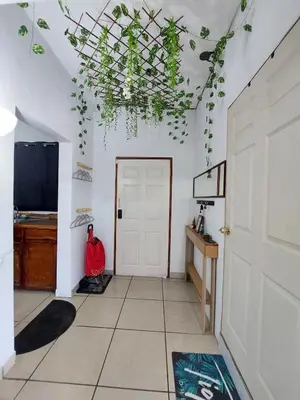 a living room with a ceiling with plants on it at Surfcity - AC - WiFi - Coastal Paradise SV in La Libertad