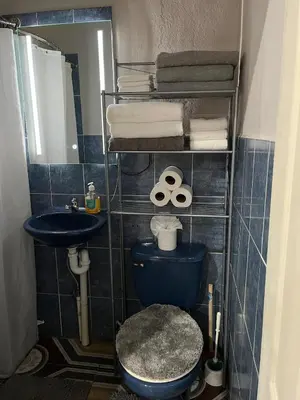 a bathroom with a blue toilet and a sink at Pleasant Vacation Home in Suchitoto