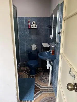 a bathroom with two blue toilets and a sink at Pleasant Vacation Home in Suchitoto