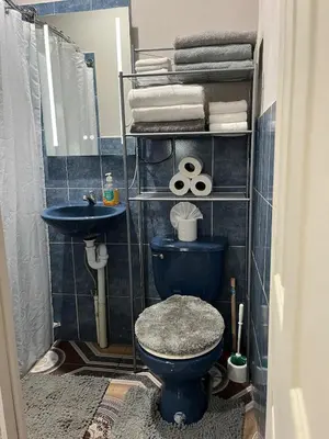 a bathroom with a blue toilet and a sink at Pleasant Vacation Home in Suchitoto