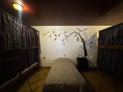 a bedroom with a tree mural on the wall at Neska Polita Hostel in Juayúa