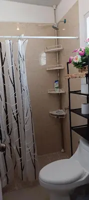 a bathroom with a shower curtain and a toilet at Casa de Reyes ll in San Miguel