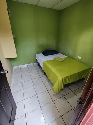 a bedroom with a bed in a green wall at Rooms libertad in San Salvador