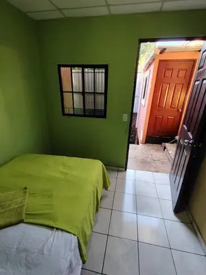 a green bedroom with a bed and a red door at Rooms libertad in San Salvador