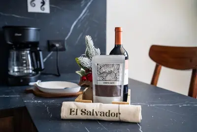 a bottle of wine sitting on top of a counter at Oceanview Greco Loft in Playa San Blas