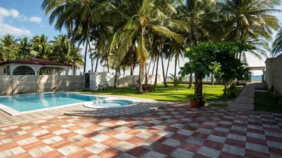 a backyard with a swimming pool and palm trees at Ranch Pacific Dreams Home in Playa Cangrejeras