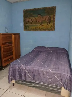a bedroom with a purple bed and a painting of horses at Casa de playa en lomas de san blas in Playa San Blas