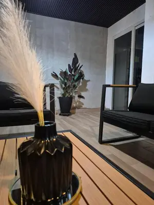 a black vase with feathers in a living room at Casa Mia en San Miguel
