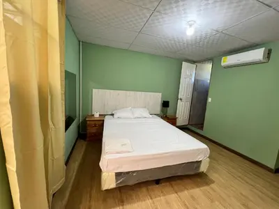 a bedroom with a bed in a room with green walls at Hostal Noche de Luna in San Salvador