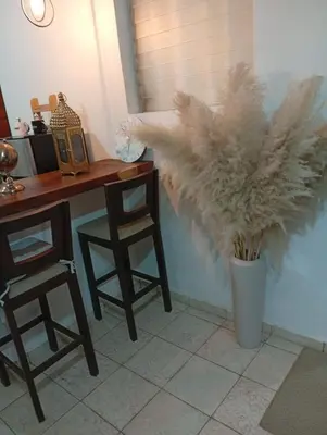 a desk with a vase with a plant in it at La casita de oly in Concepción de Ataco