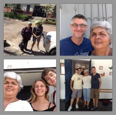 four pictures of a group of people standing around a bus at Casa Blanca Tu Casa in Santa Ana