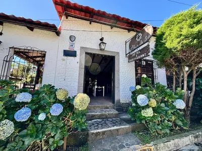 a building with blue hydrangeas in front of it at Hotel & Restaurant Fleur de Lis in Concepción de Ataco