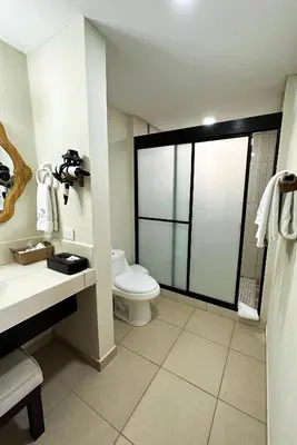 a bathroom with a toilet and a large window at Paraiso Escondido Hotel Villas & Resort in El Níspero
