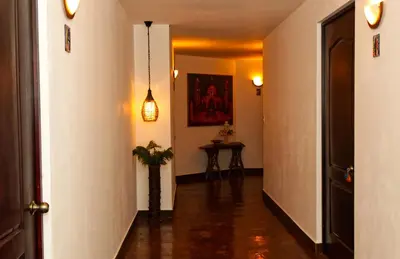 an empty hallway with a potted plant and a light at Hotel Juayua in Juayúa