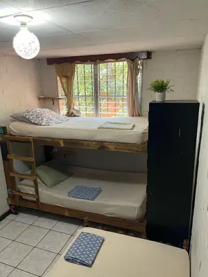 a room with two bunk beds and a window at Pool House Hostel in Santa Ana