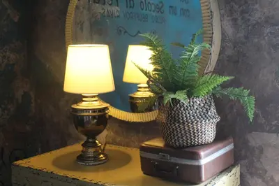 a table with two lamps and a potted plant on it at Velvet hotel centro histórico in Santa Ana