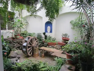 a garden with a waterwheel in a building with plants at Hotel Villa Serena San Benito in San Salvador