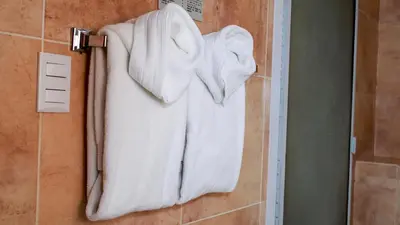 a bunch of towels hanging on a wall in a bathroom at Las Magnolias Hotel Boutique in San Salvador