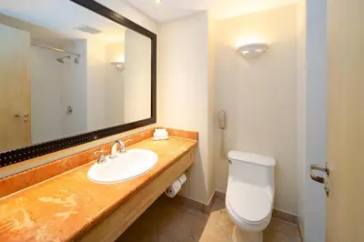 a bathroom with a sink and a toilet and a mirror at Quality Hotel Real Aeropuerto San Salvador in San Luis