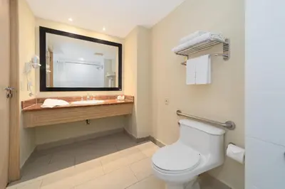 a bathroom with a toilet and a sink with a mirror at Quality Hotel Real Aeropuerto San Salvador in San Luis