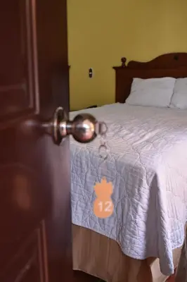 a bedroom with a bed with a white comforter at Hotel Villa Terra in San Salvador