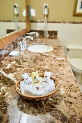 a bathroom counter with a sink and a basket of towels at Suites las Palmas, Hotel & Apartments. in San Salvador