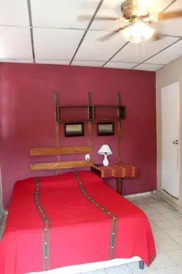 a red bedroom with a bed with a red wall at Ximenas Guest House in San Salvador
