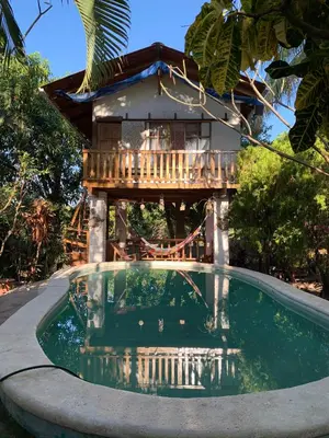 a tree house with a pool in front of a house at Casa de Colores in El Zonte