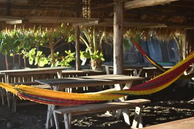 a hammock is hanging over a picnic tables at Pelicano Surf Camp in La Libertad
