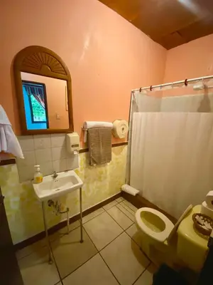 a bathroom with a sink and a toilet and a mirror at Hostal Doña Mercedes in Juayúa