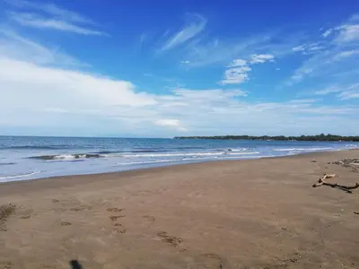 a beach with footprints in the sand and the ocean at La Ceja Beach House in El Tamarindo