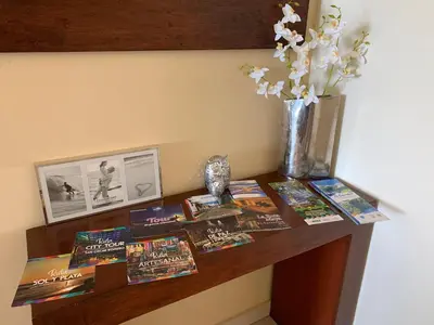 a table with books and a vase with flowers on it at Beautiful apartment, Terrace with incredible view, 3 bdr, Escalon, Exclusive, Secure in San Salvador
